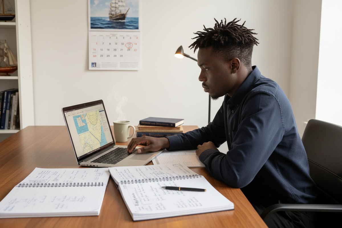 Young black man sat at a desk, studying for a maritime exam.