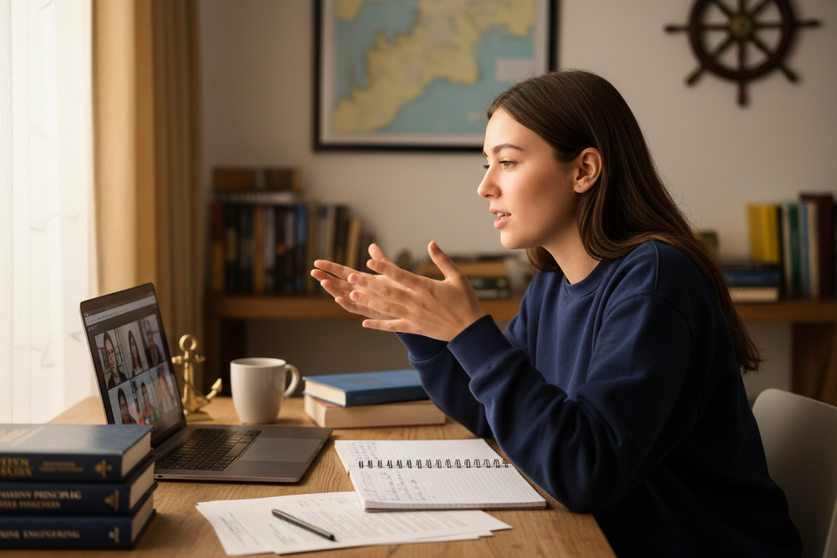 Young female candidate answers a question on a small-group online call.